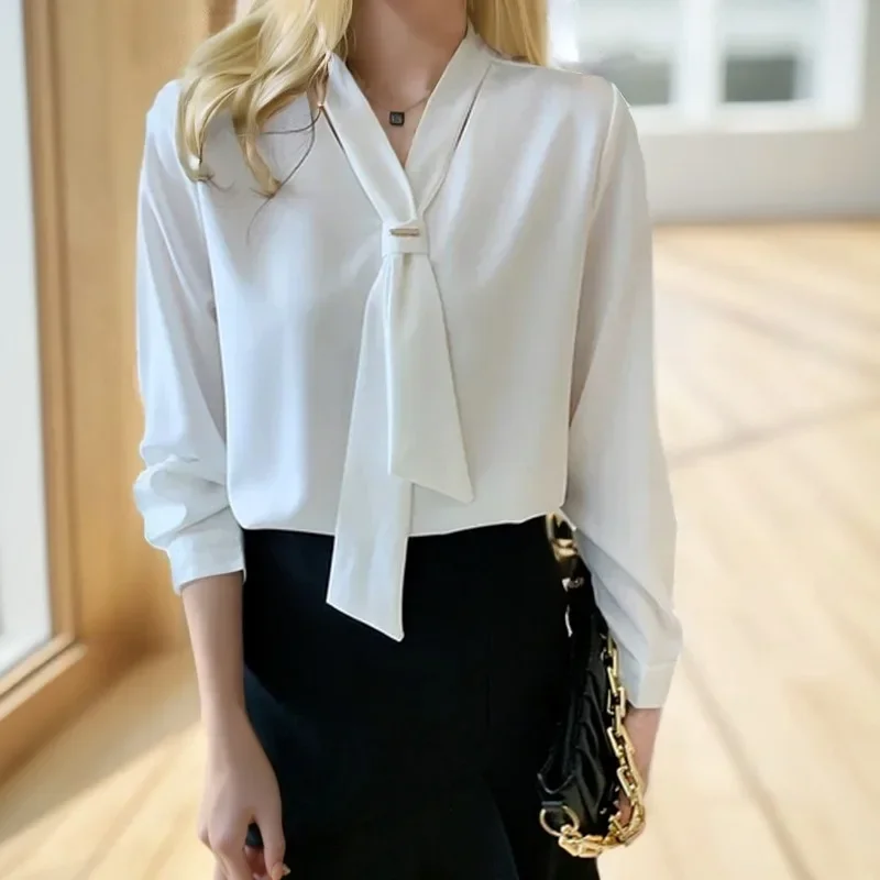 Office Lady Chiffon Blouse And Tops Fashion Women Long Sleeve White Shirts Women With Tie V Neck Loose Shirt Female Clothing New