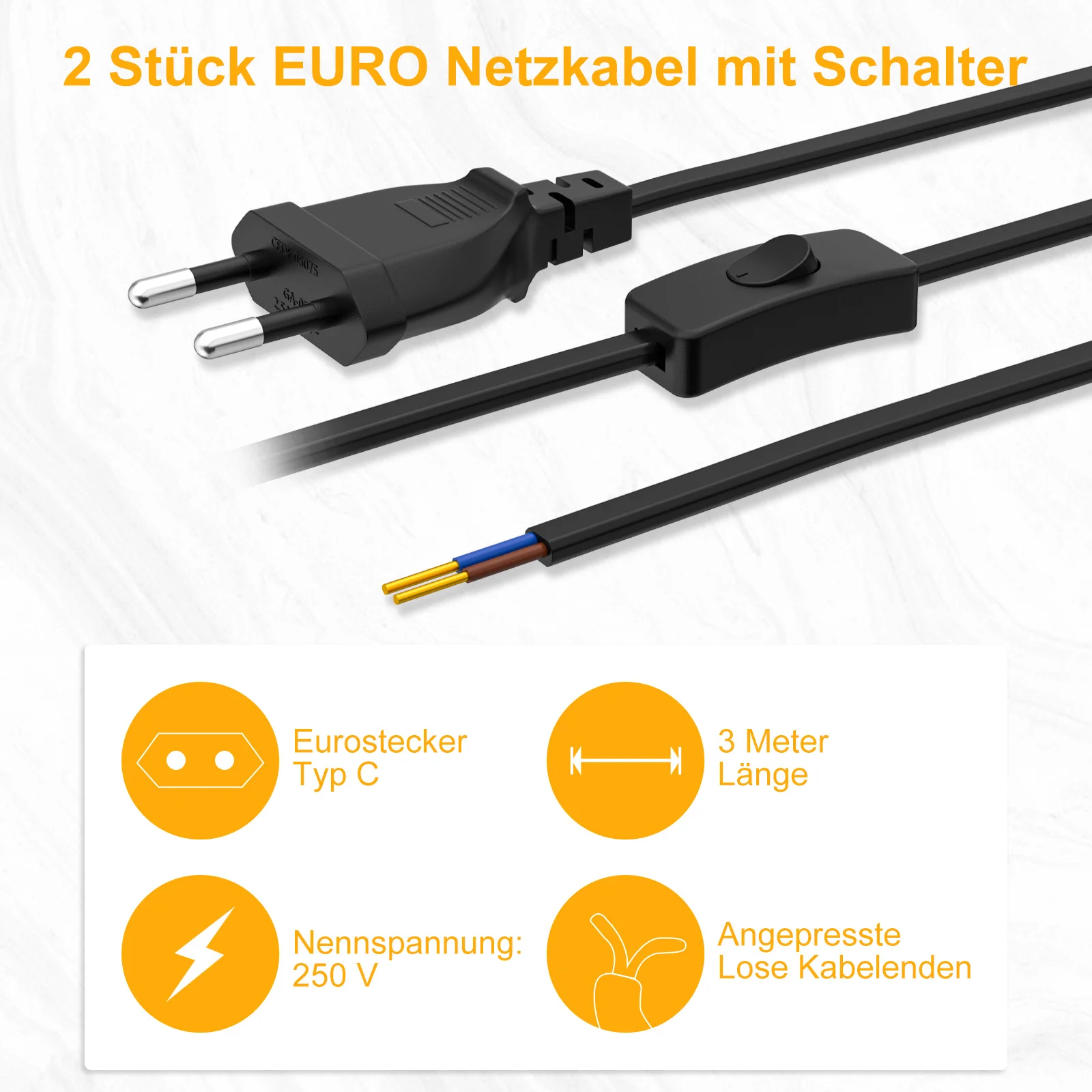 2/3/5/8m Power Cord with Switch, European Standard C-Type Plug, 0.75mm² Copper Core Head Household Appliance Extension Cord