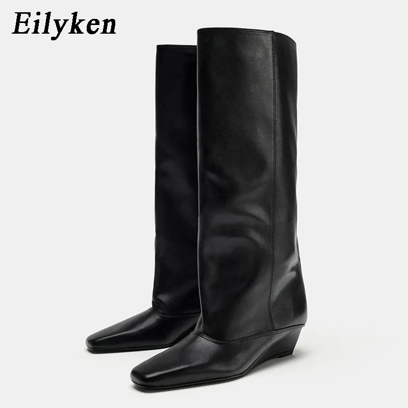 Eilyken Autumn Winter Pointed Toe Women Knee-High Boots Designer Wegdes Heels Shoes Fashion Ladies Wide Calf Long Booties