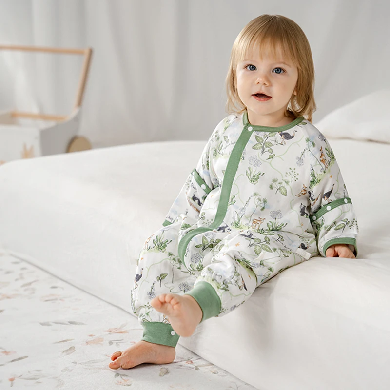 

OUYUN Детский спальный мешок с разделенными ногами, толстое, теплое, модальное, хлопково-марлевое, носимое одеяло, противоударное, съемные рукава, 80-130