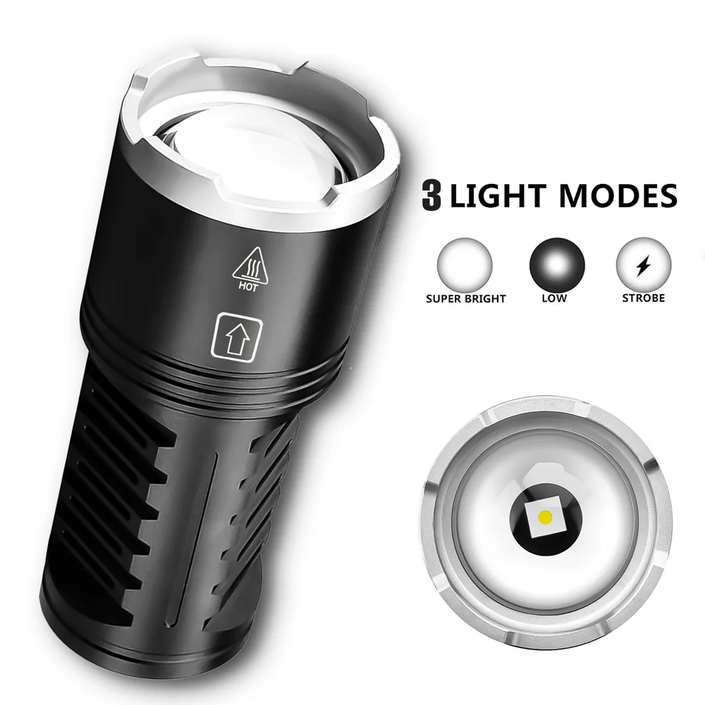 High Power LED Flashlight Type-C Rechargeable Output Zoom Aluminum Alloy Built in 6000mAh Battery Tactical Torch For Camping