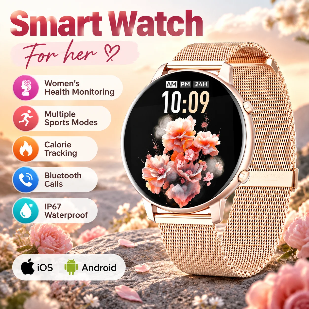 Smartwatch Donna Oro Rosa Lusso Schermo Rotondo 1,39" Chiamata Bluetooth Impermeabile IP67 Monitor Battito Cardiaco SpO2 Sonno Orologio Fitness Elegante Regalo per iOS Android
