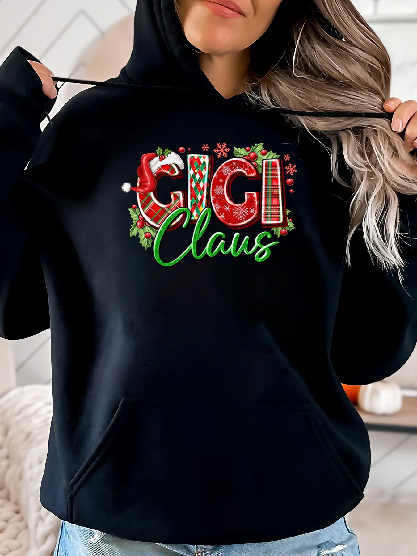 

Женская толстовка с рождественским принтом Gigi Claus, одинаковый наряд для всей семьи, черный, больших размеров