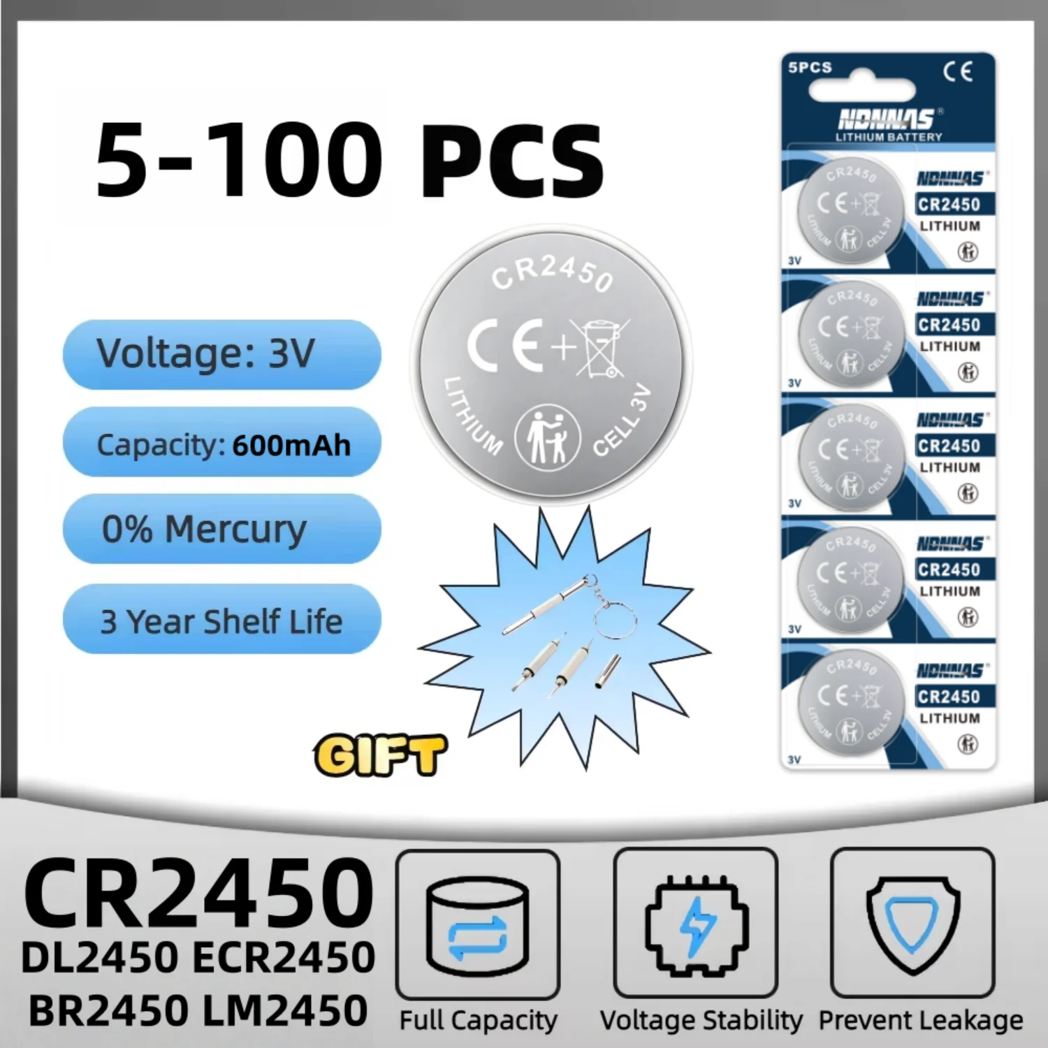 5-50Pcs CR2450 3V Lithium Coin Cell Button Battery DL2450 BR2450 Compatible For Watch Car Key Fob Remote Clock Electronic Device