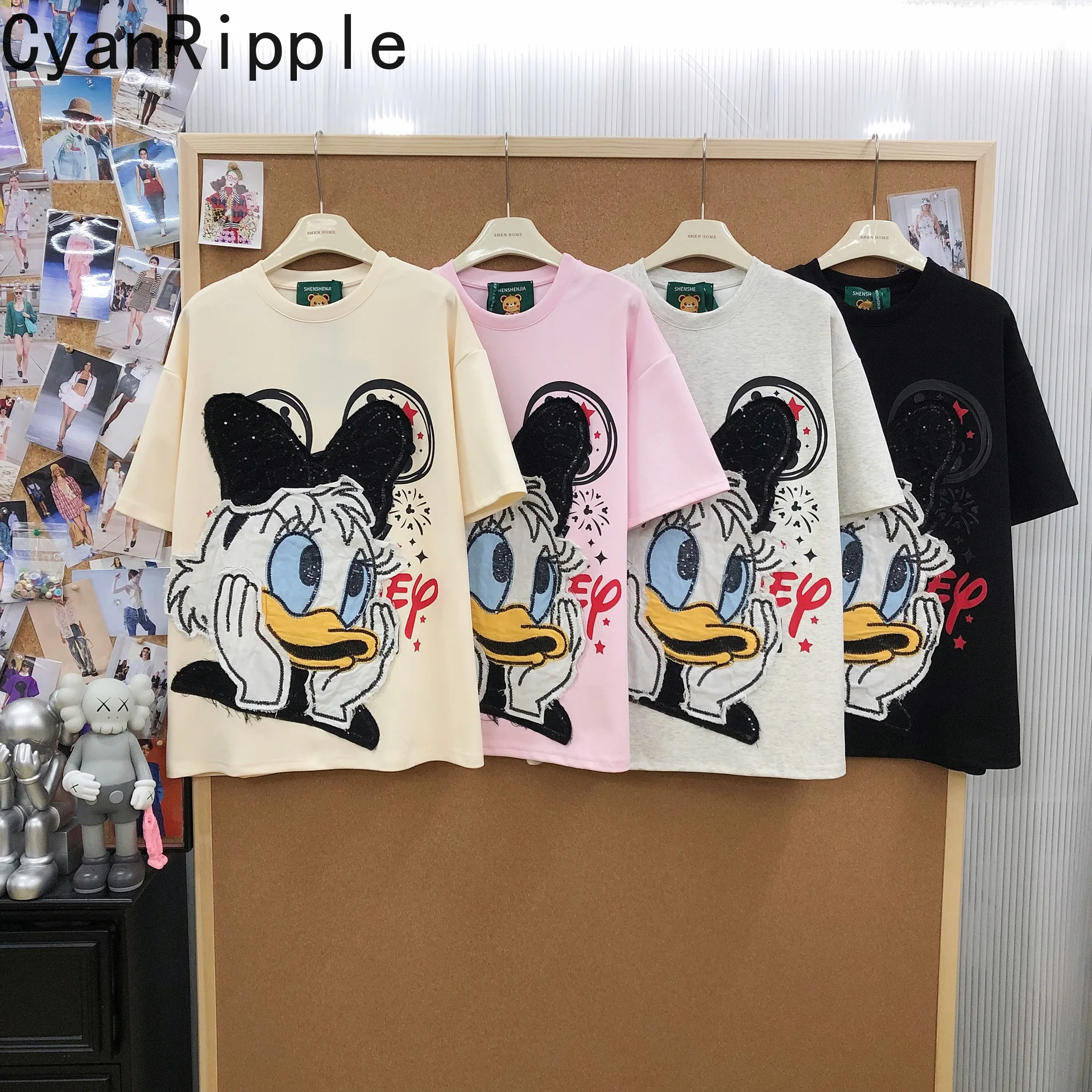 

All-match New Spring Summer Loose Women T-shirt Embroidery Sequins Donald Duck Round Neck Mid-long Pullover Top Cotton Tees