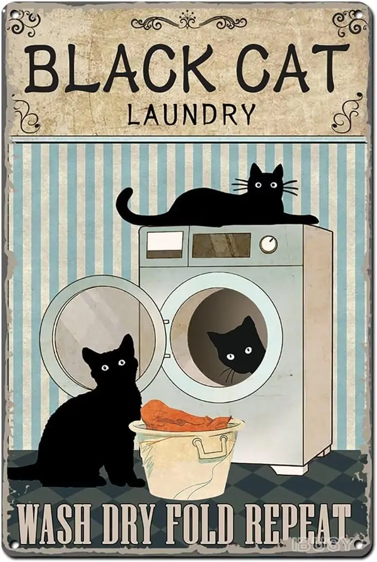 Funny Black Cat Retro Metal Tin Sign - Black Cat Laundry Wash Dry Fold Repeat - laundry Room Signs Wall Decor - Laundry