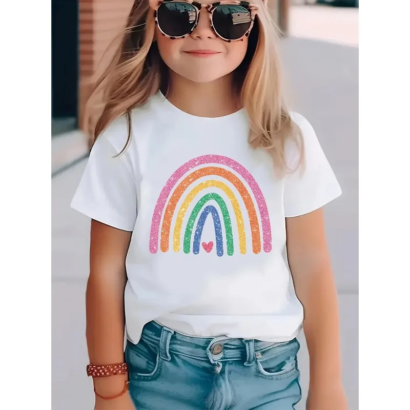 

2025 Cute Girl Pure Cotton T-shirt Rainbow Love Printed Short Sleeve Round Neck Loose Comfortable Top