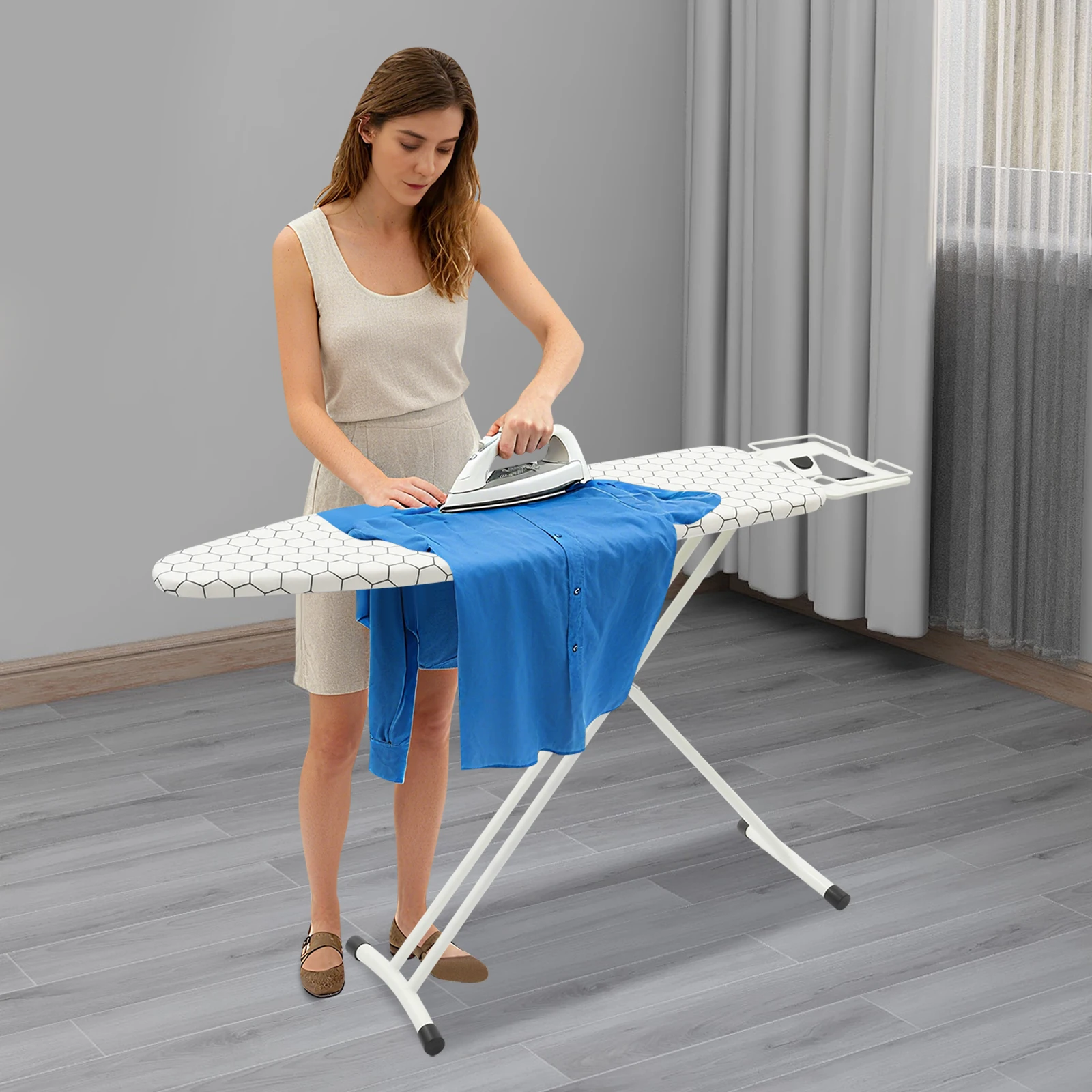 

White Carbon Steel 110x33cm Folding Ironing Board Height Adjustable Household Folding Ironing Table with Scratch-proof Panel