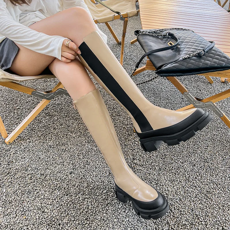 FEDONAS Platforms Women Knee High Boots Autumn Winter Party Office Lady Casual Fashion Genuine Leather Thick Heels Shoes Woman