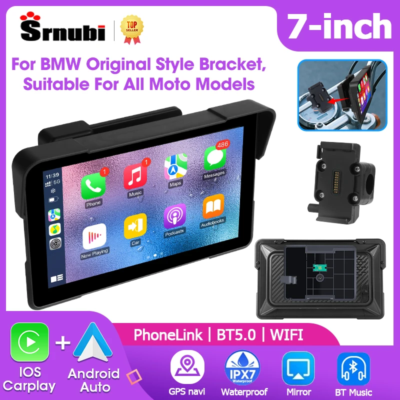 

Srnubi 7" Motorcycle Navigation GPS with Bracket for BMW Style Wireless CarPlay Android Auto Airplay Display Screen Moto Monitor