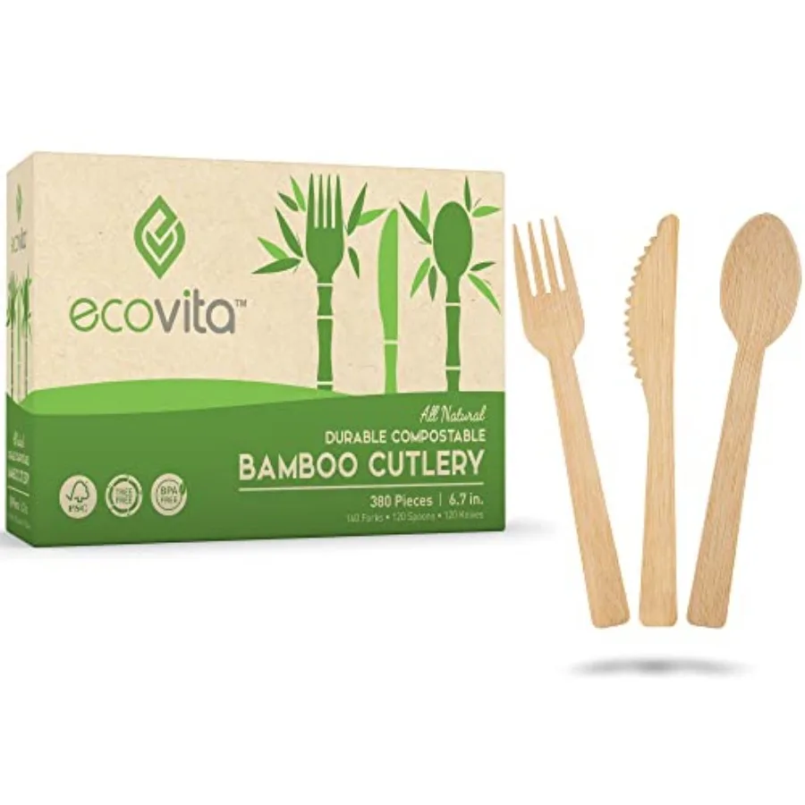 

100% Bamboo Forks Spoons Knives Cutlery Combo Set - 380 Large Compostable Disposable Utensils 7 in. Eco Friendly Durable and Tr