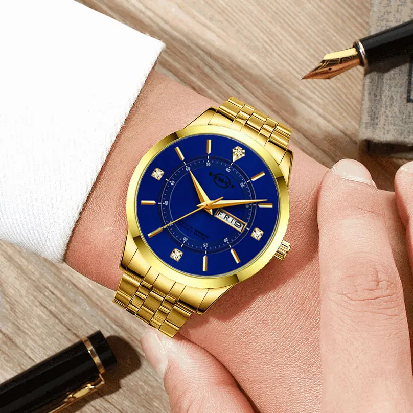 العلامة التجارية الفاخرة مقاوم للماء ساعة كوارتز عادية الفولاذ المقاوم للصدأ تاريخ الأعمال ساعة معصم Relogio Masculino