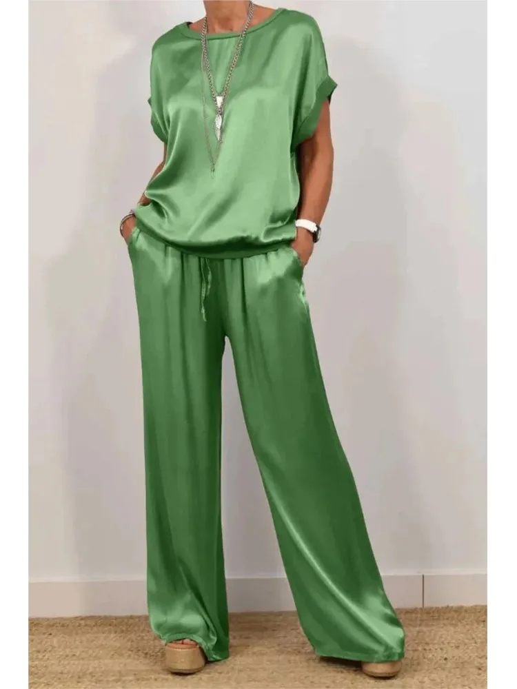 Spring Summer Fashion Solid Smooth Satin Two Piece Sets New Women's O-neck Short Sleeve Top + Wide Leg Pant Casual Loose Set image 6