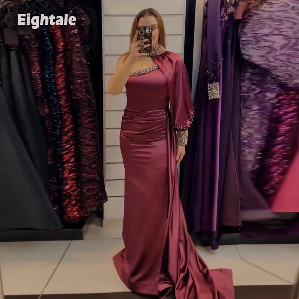 

Eightale New Arrival Evening Dress for Wedding Party Sexy Mermaid Beaded with Pearls Side Slit Satin Arabic Celebrity Prom Gowns