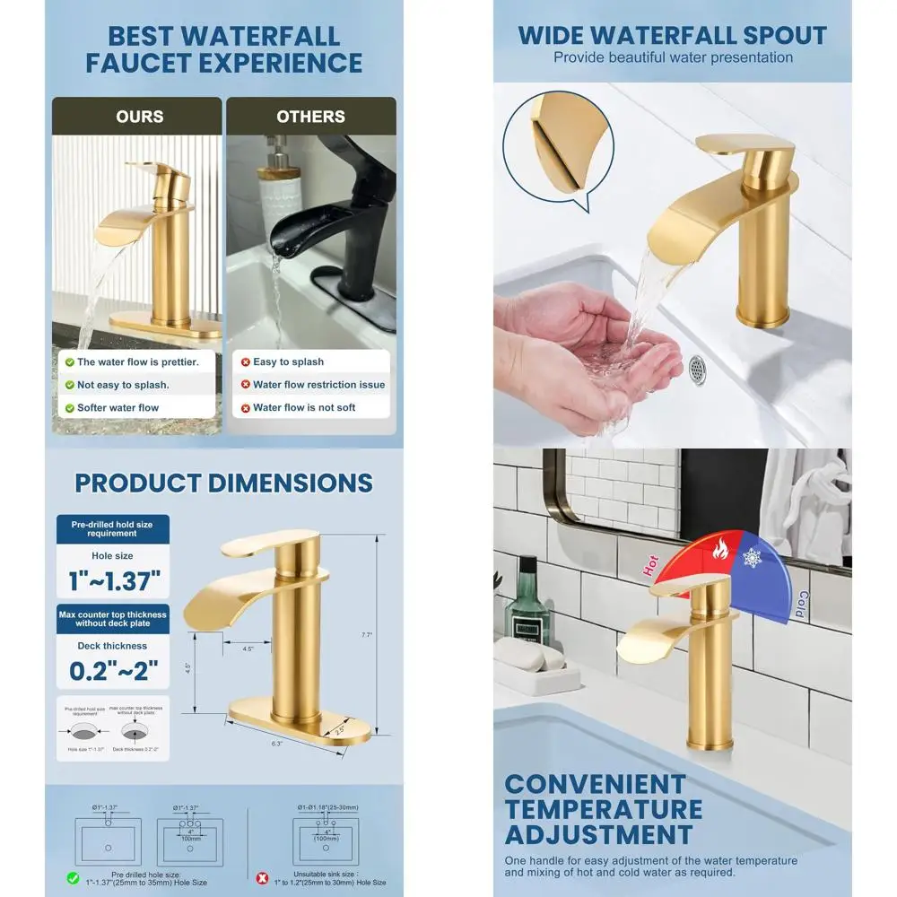 

1-Hole or 3-Hole Gold Single Handle Bathroom Sink Faucet with Pop-Up Drain for RV Lavatory and Stainless Steel Basin