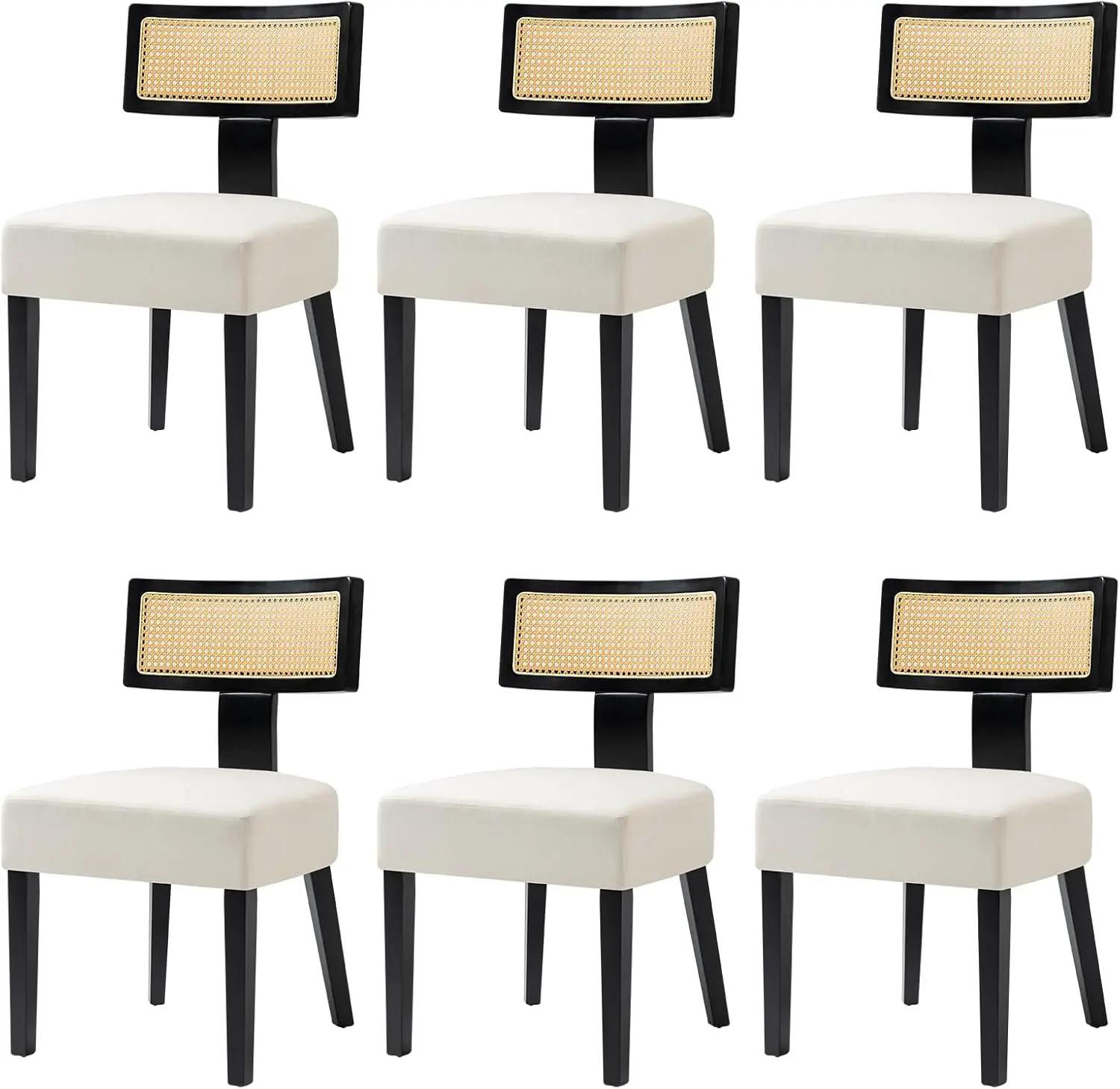 

Rattan Dining Chairs Set of 6, Mid-Century Modern Fabric Dining Room Chairs with Black Hardwood Frame, Curved Backre