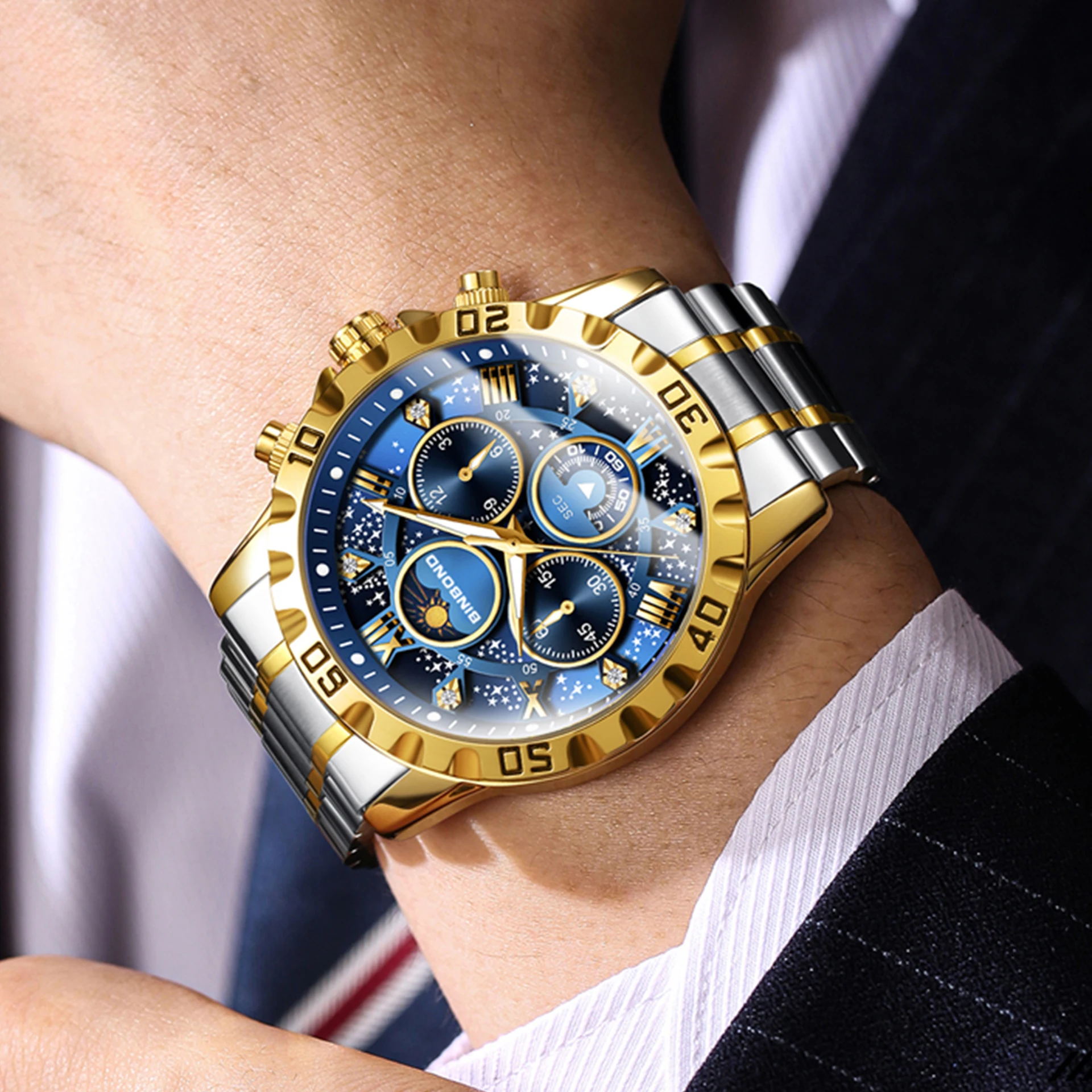 BINBOND ساعات رجالية فاخرة رياضية كوارتز ساعة معصم للرجل مقاوم للماء الفولاذ المقاوم للصدأ مضيئة كرونوغراف تاريخ القمر المرحلة