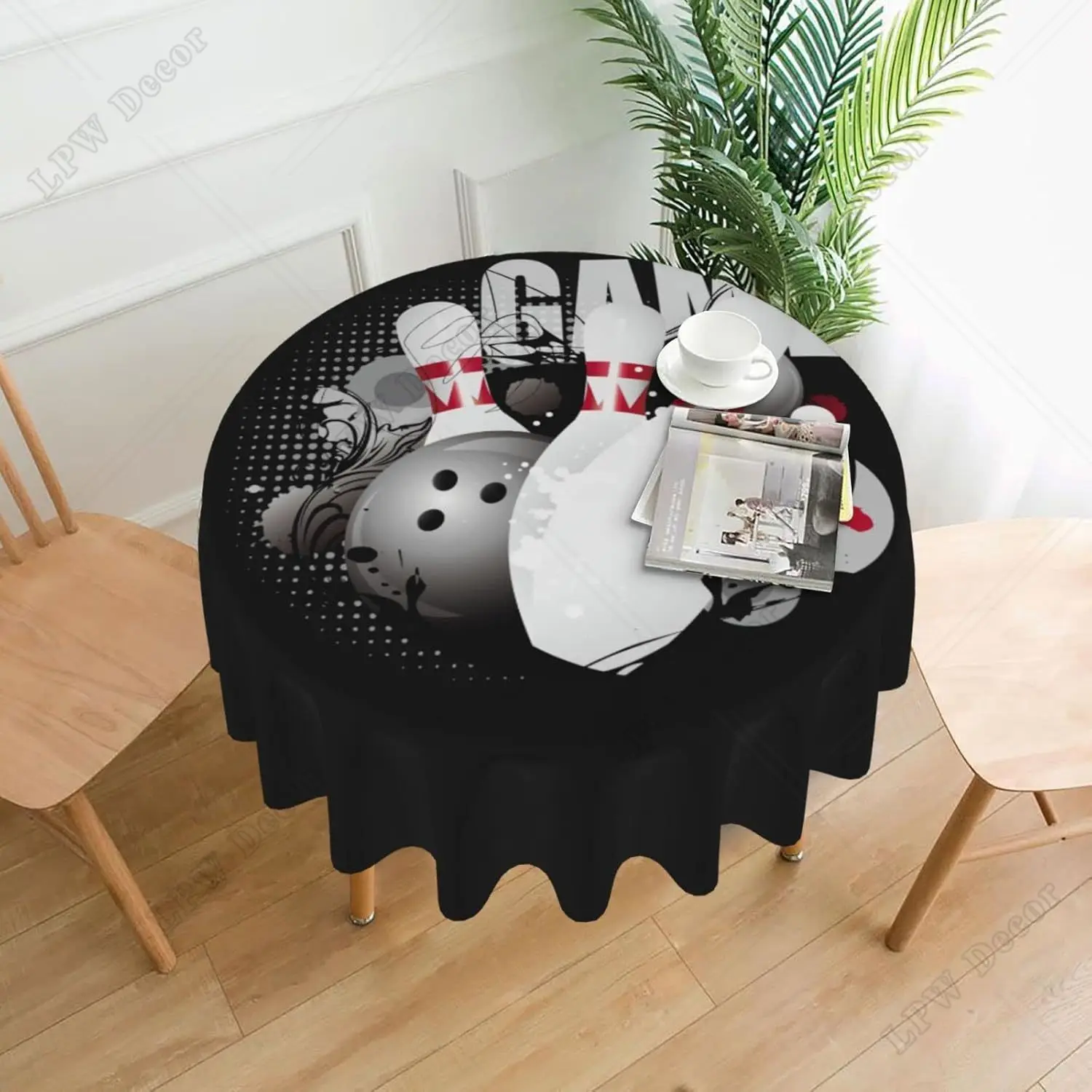 Bowling Art Round Tablecloth Stain Resistance Polyester Table Cloth Decorative Table Cover for Kitchen Dining Table Buffet