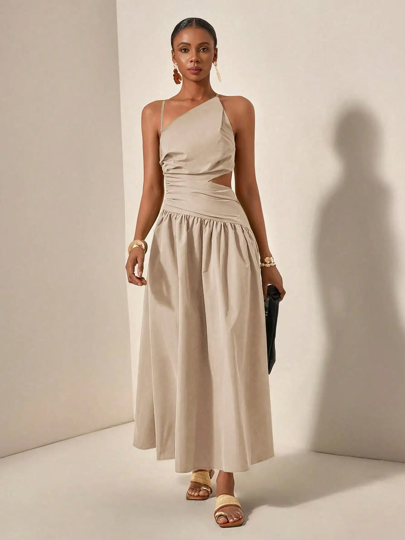 

Асимметричное бежевое платье макси с вырезом на одно плечо, элегантная летняя одежда для торжественных мероприятий