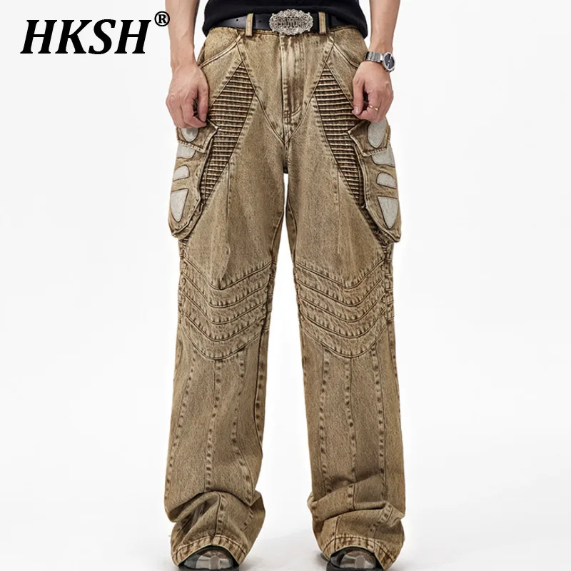 

HKSH Spring Autumn New Men's Tide Y2K Original Design Streetwear Dark High Street Style Distressed Draped Denim Pants Ins HK5253