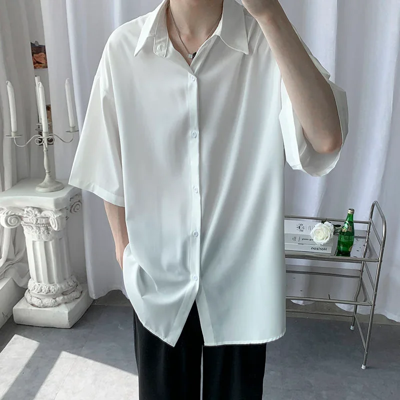 

Male Top White Clothes Half Sleeve Men's Shirt and Blouse Plain Fashion 2024 Asia Original Silk with Collar Cheap Brand Normal I