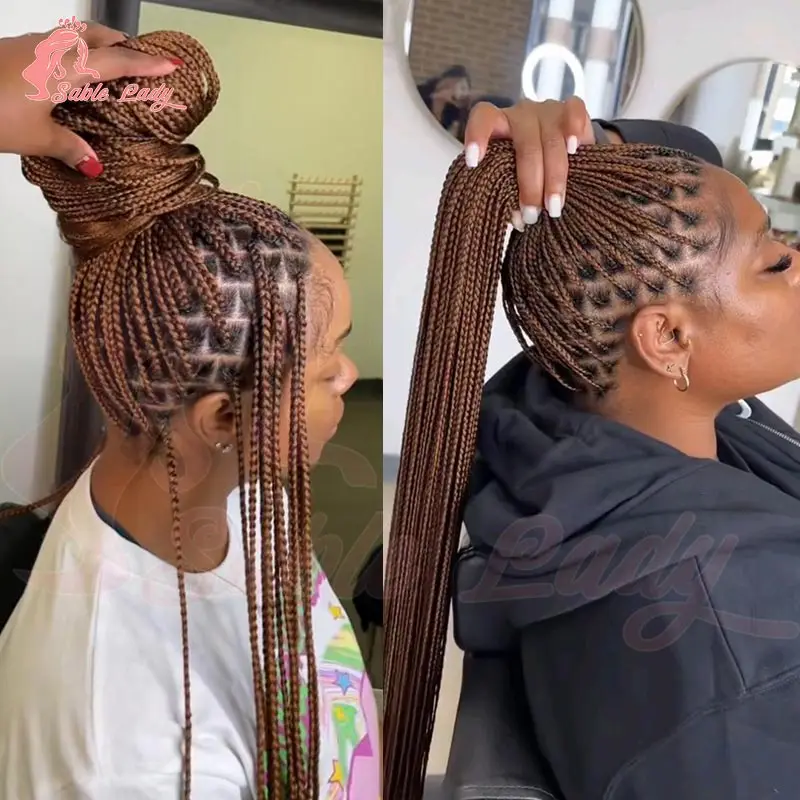 

36-дюймовые синтетические косички без узлов, полные кружевные плетеные парики для чернокожих женщин, плетение ручной работы, кружевные передние косички, парик из искусственных локонов