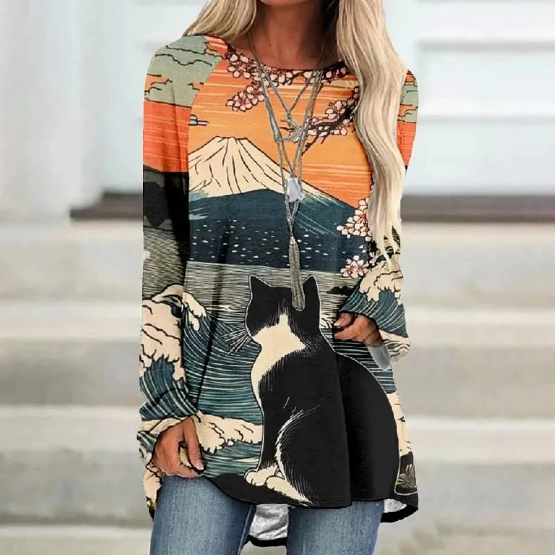 Túnica de manga larga con estampado de gato del océano y Monte Fuji japonés para mujer, camiseta de manga larga con cuello redondo y estampado completo en 3D