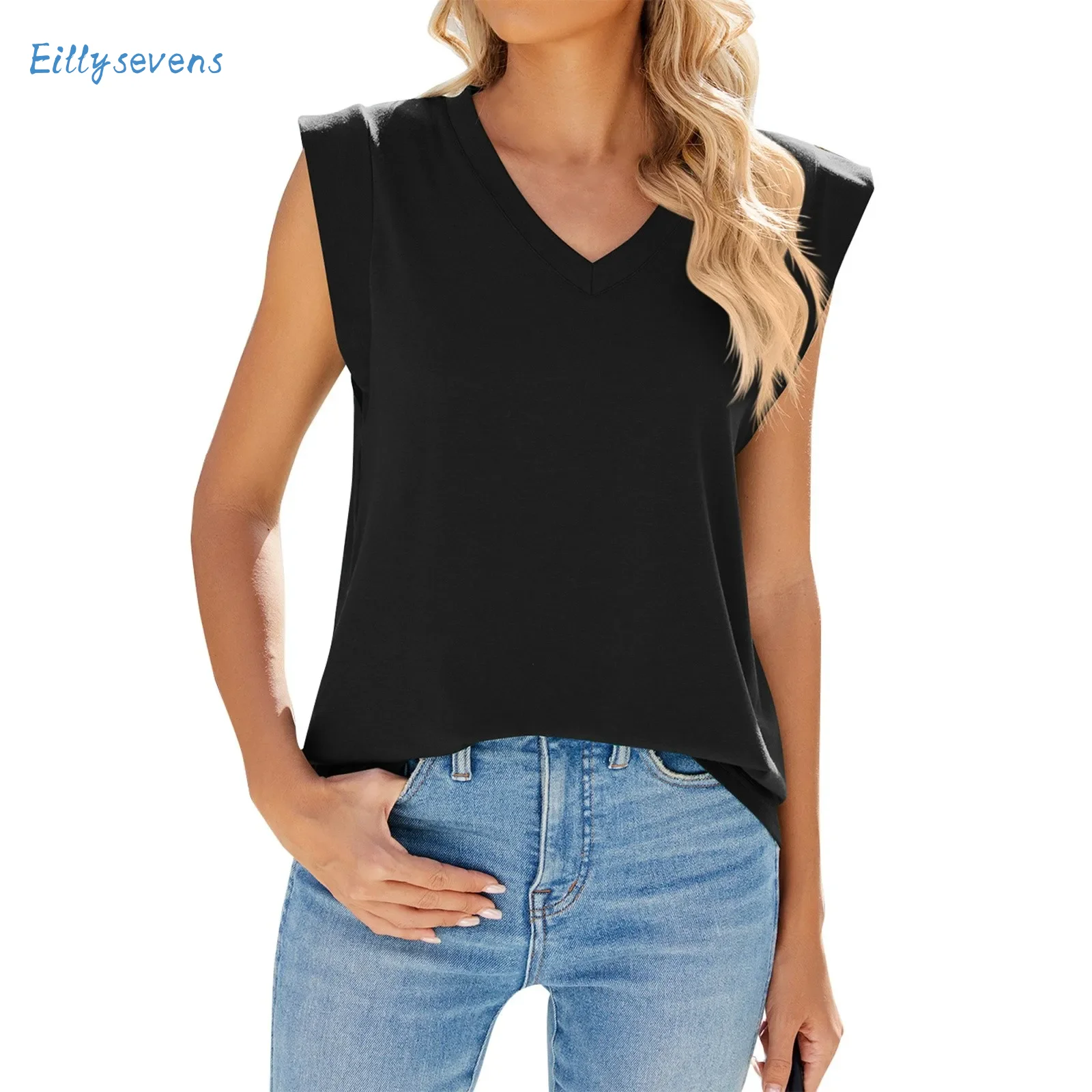 Women'S Summer Sleeveless Tank Tops Fashion Covered Shoulder Cuffs V-Neck Tops Casual Simple Solid Color All-Match Vest