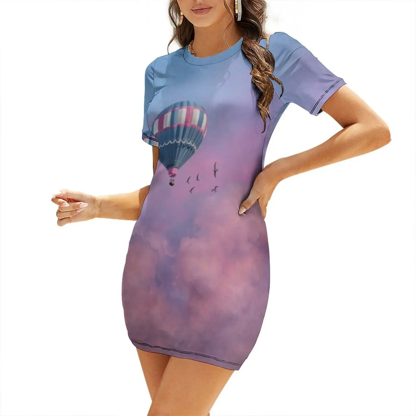 

Blue and Pink Hot Air Balloon on Pastel Clouds Short-Sleeved Dress purple dress dresses women summer 2025 Dress