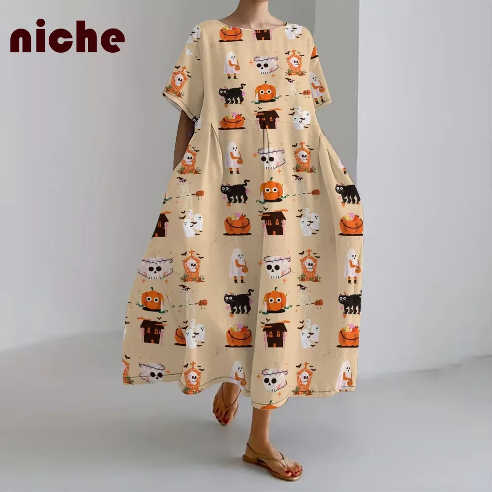 

Ladies Dress Fashion High Quality Chic Fabric Halloween Style Pumpkin Graphic Print Fashion Trend New Beach Skirt