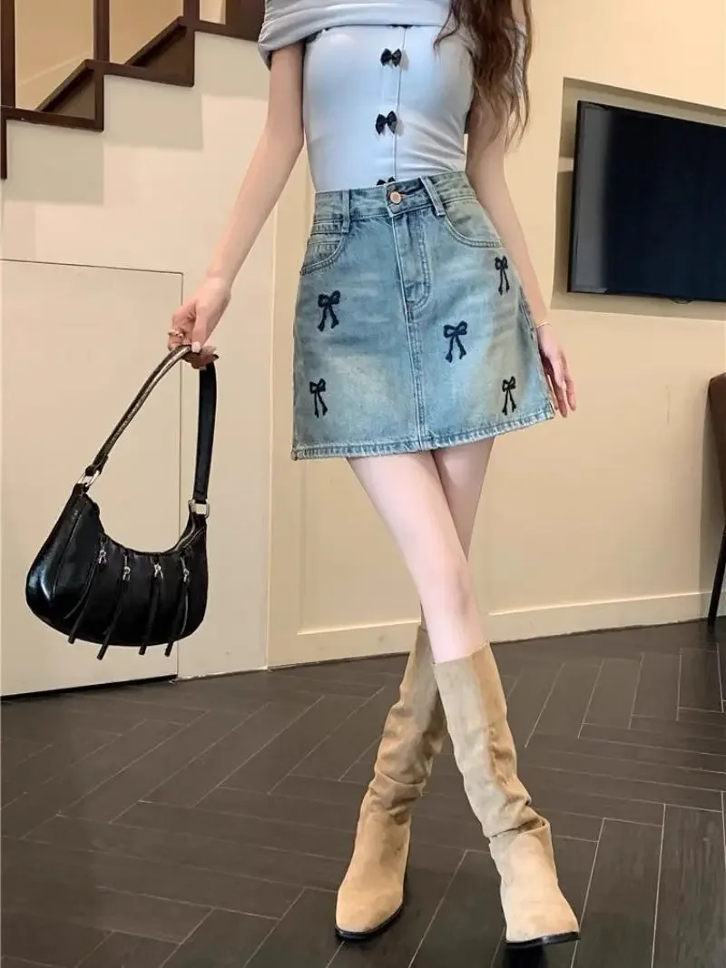 

Premium Fashion Bow High Waist Women's Denim Skirt Modest Luxury Elegant Aesthetic Summer 2025 Korean Style Female Jeans Skirts