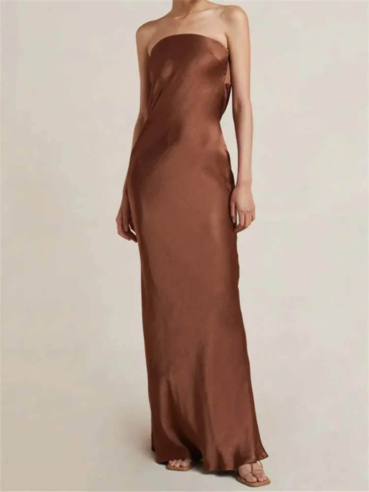 ชุดราตรีเดรสยาวสำหรับผู้หญิง งานปาร์ตี้ ดีไซน์เปิดหลัง สายเดี่ยว ทรงตรง ชุดฤดูร้อน เซ็กซี่ หรูหรา