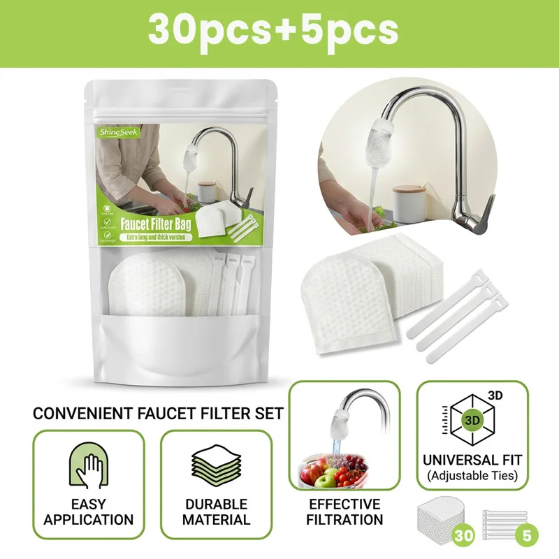 30Pcs Faucet Filter Bags + 5Pcs Cable Ties - Extended and Thickened Version, Suitable for Household Kitchen Faucet Filters - Removes Impurities, Filters Sediment, Rust, and Heavy Metals Faucet Filter Bag, Perfect for Home, Travel, and a Must-Have for Hotels!
