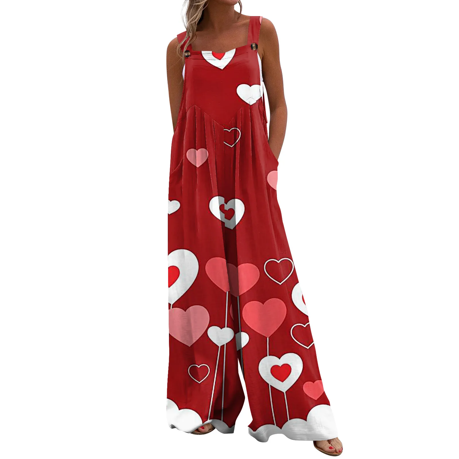 Womens Overalls Casual Valentine'S Day Print Wide Leg Jumpsuits Bib Rompers Sleeveless Straps With Pockets Outfits