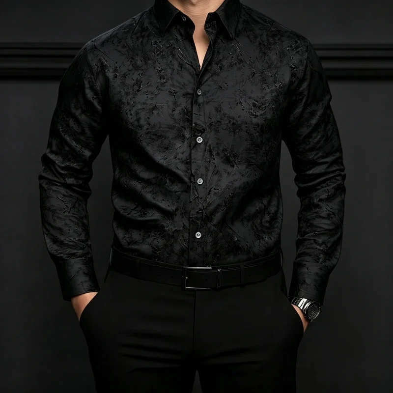 High-end, Light-colored, Pebbly Textured Shirt for Men; Loose-fitting, Long-sleeved, Marble-print, Versatile Top.