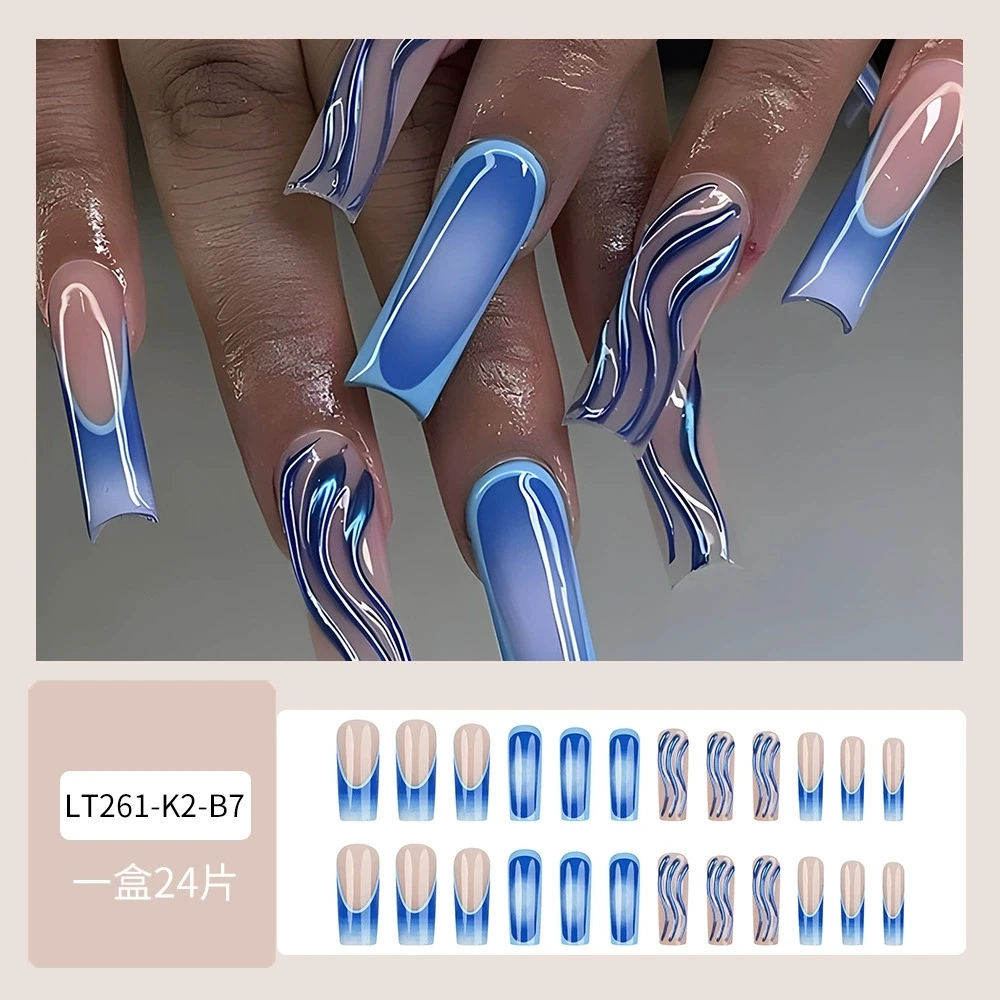 24 Uds. De uñas postizas francesas con gradiente de rubor azul 3D Y2k, uñas postizas con diseños de rayas Aurora, uñas postizas con acabado de Ballet largo