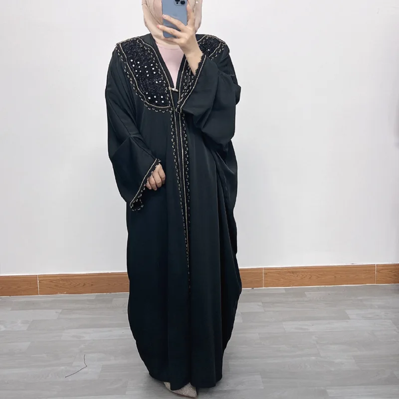 

Elegant Muslim Ladies Long Sleeve Loose Fit AbayaDubai Dress with Sparkling Rhinestones and Beads
