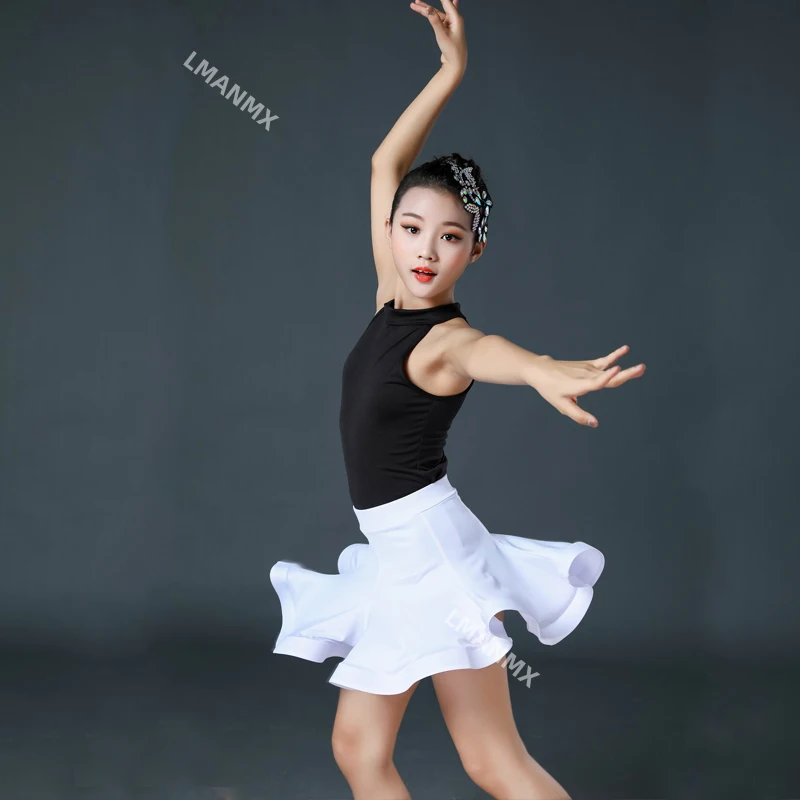 Kostum dansa Latin anak-anak, Rok dansa, kostum latihan, kostum pertunjukan, kostum Latin Musim Semi dan Musim Gugur anak perempuan