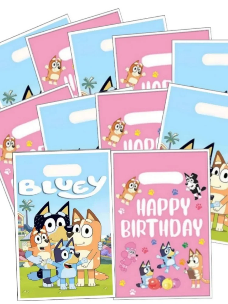 Bluey – sacs cadeaux de fête pour enfants, 10/20/30 pièces, sacs en plastique rose vert pour bonbons, butin, décoration d'anniversaire, fournitures de réception-cadeau pour bébé, garçons et filles