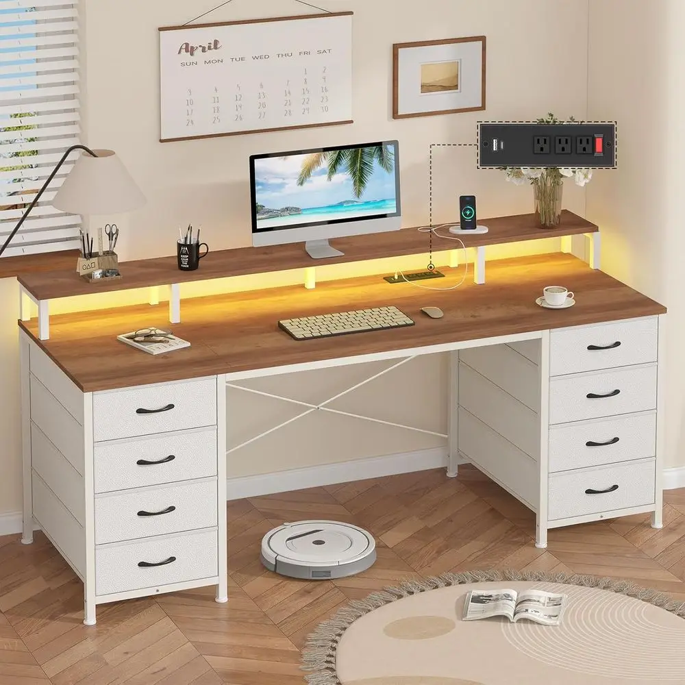60 LED-lit Gaming Desk with Fabric Drawers, Power Outlets, and Monitor Stand - Brown & White