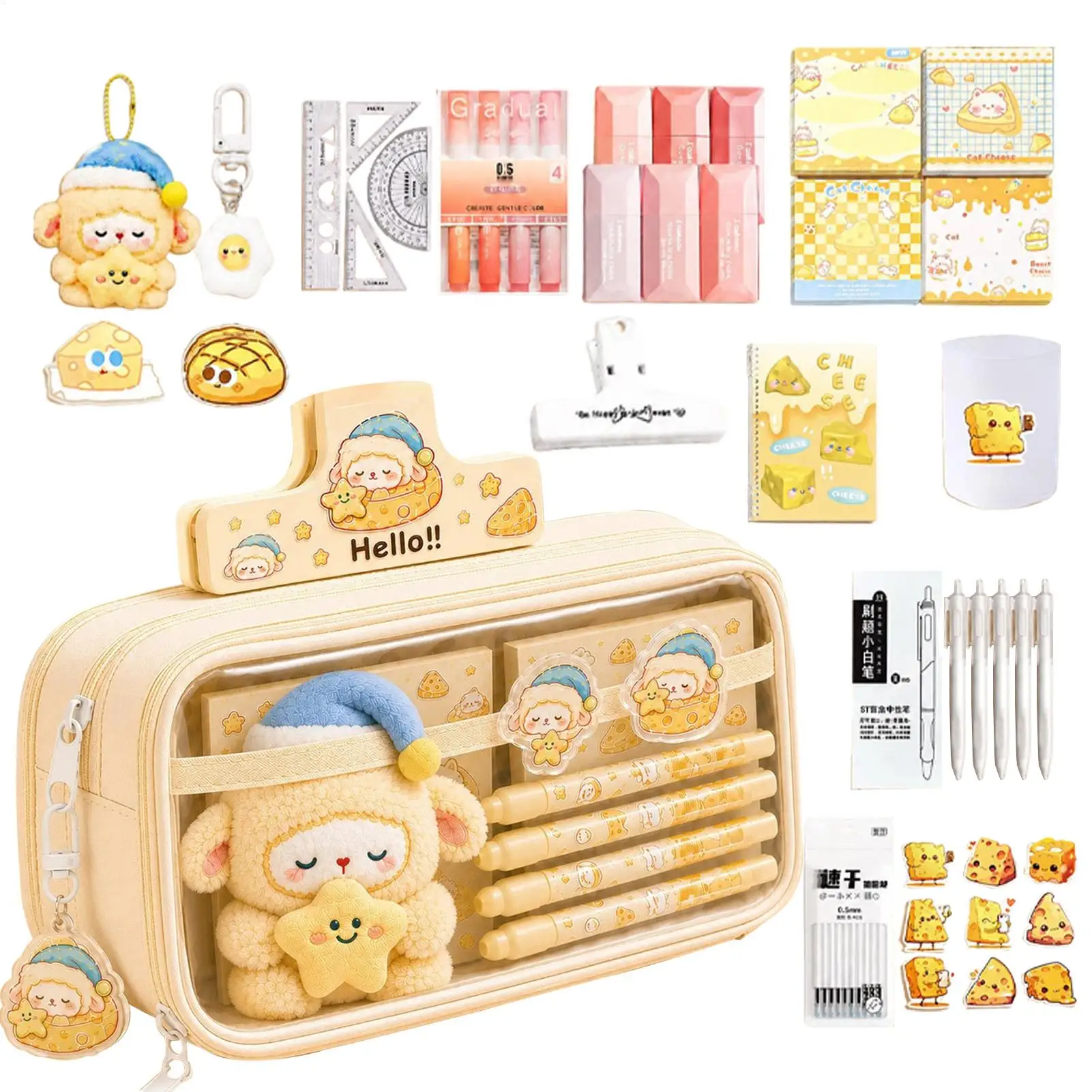 Cute Stationery Set Sheep Theme Pen Holder and Ruler Set Large Capacity Pencil Case for Students Writers Kids Teens Collectors