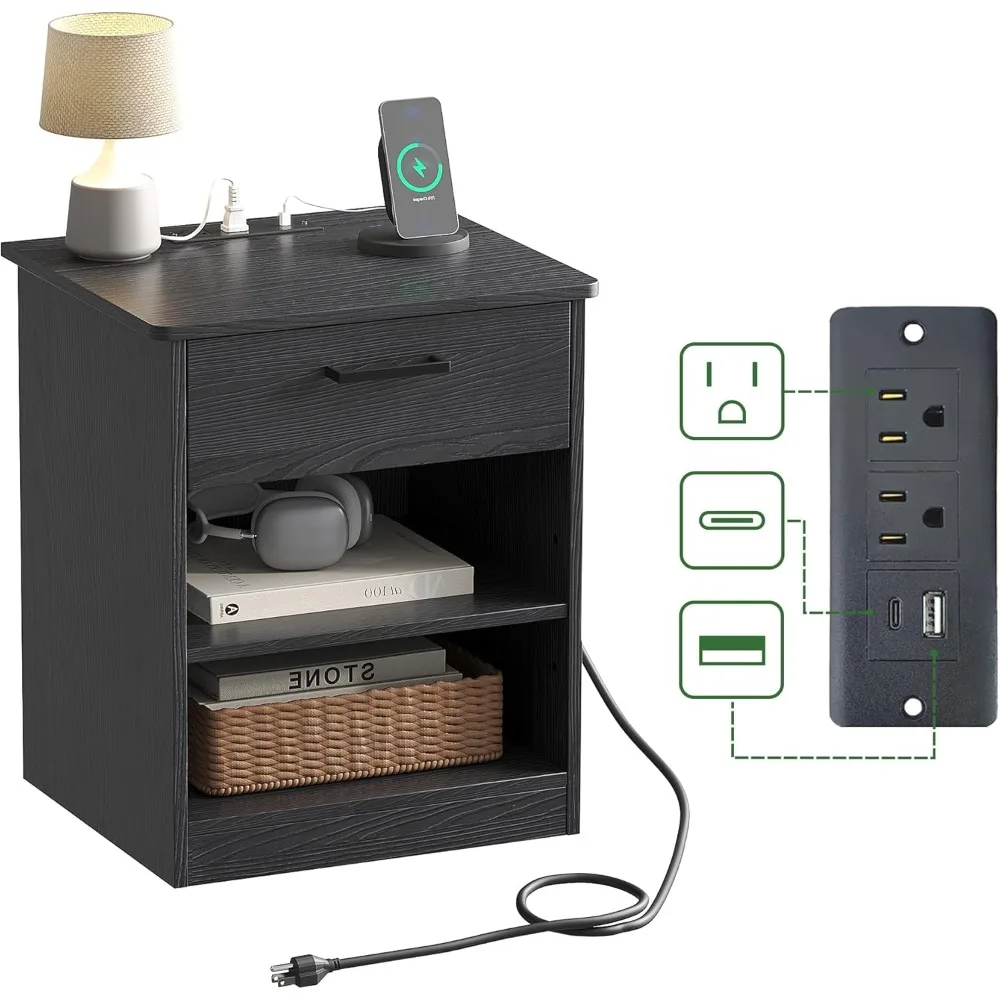 Everyday Side Table with Fast Charging Station - USB C Cable Fast Charging, Wooden Black Nightstand Bedside Table with Drawer,