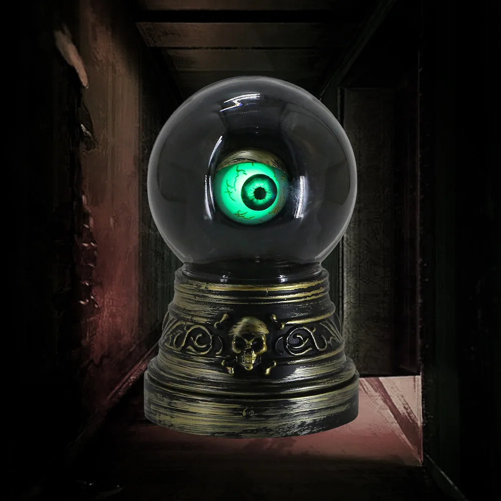 Battery Operated Crystal Ball with Blinking Green Evil Eye LED Gothic Decor with Lights Sound Home Halloween Decor Figurines
