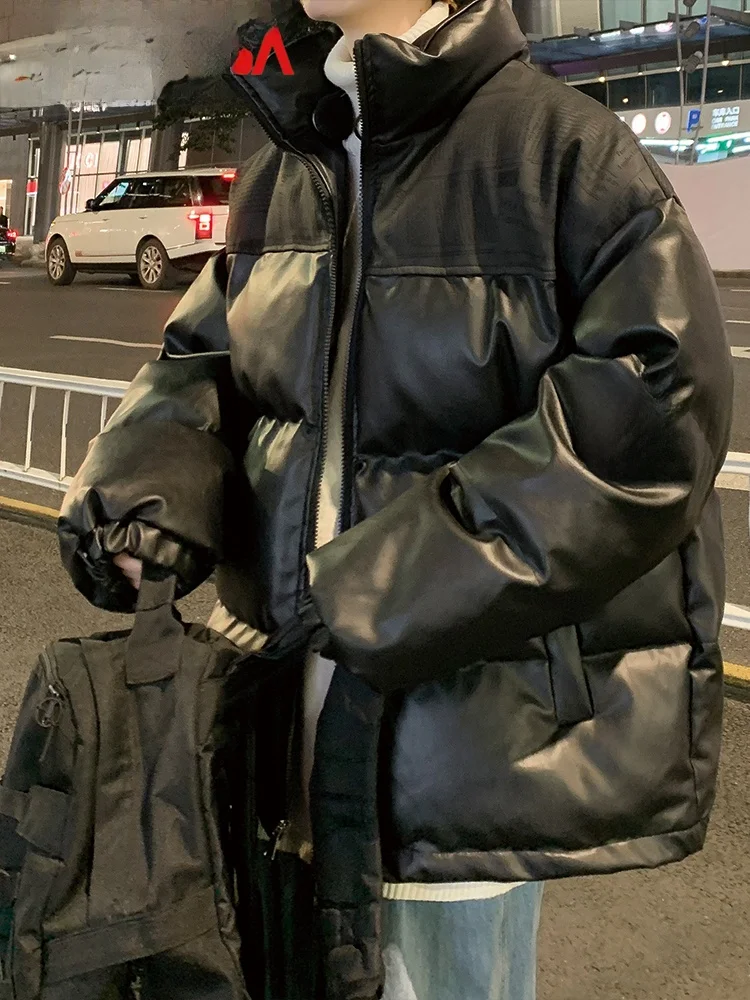 

Мужская повседневная теплая зимняя верхняя одежда из искусственной кожи с хлопковой подкладкой, модная молодежная свободная посадка, длинная све