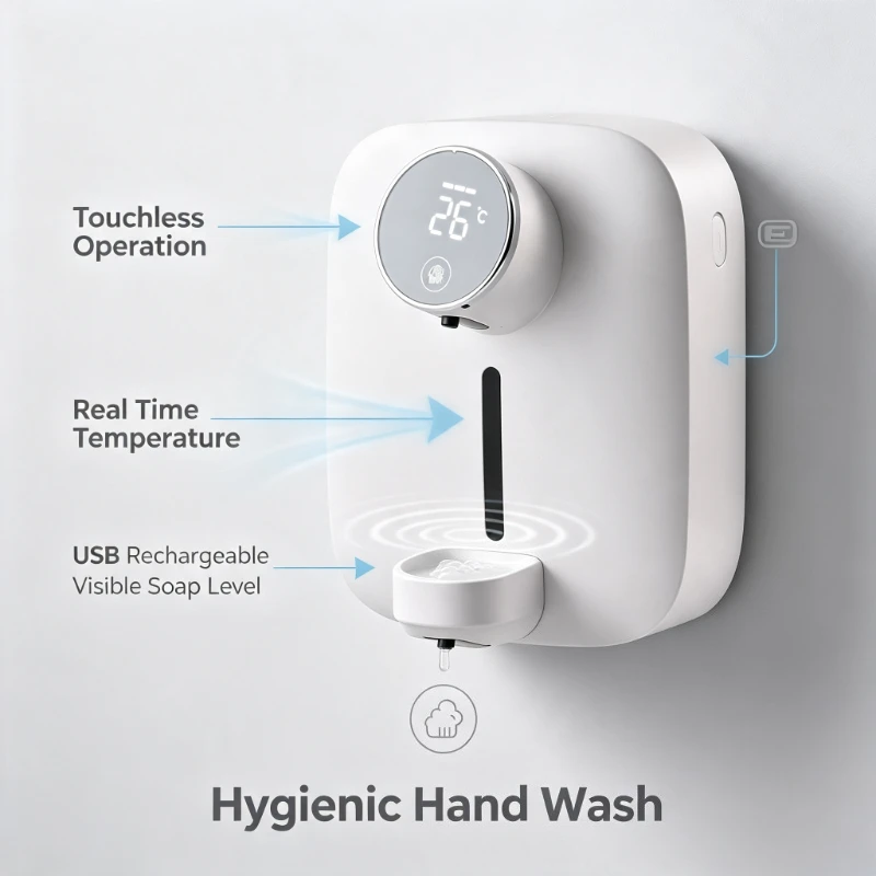 Soap Dispenser Automatic Wall Mounted USB Rechargeable Temperature Display Screen Multifunctional Soap Dispenser Disinfection