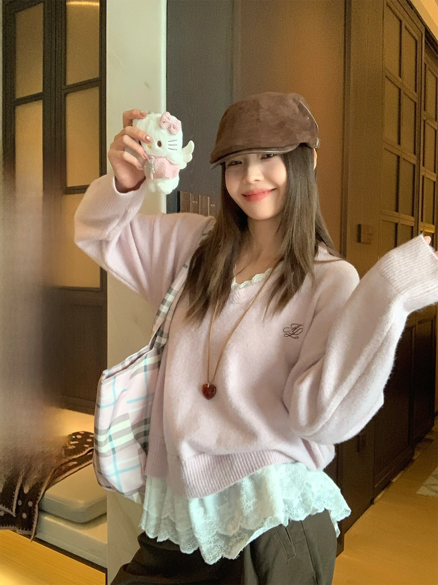 

Свободный вязаный свитер с v-образным вырезом, женский зимний модный кружевной лоскутный топ из двух предметов, удобный корейский топ