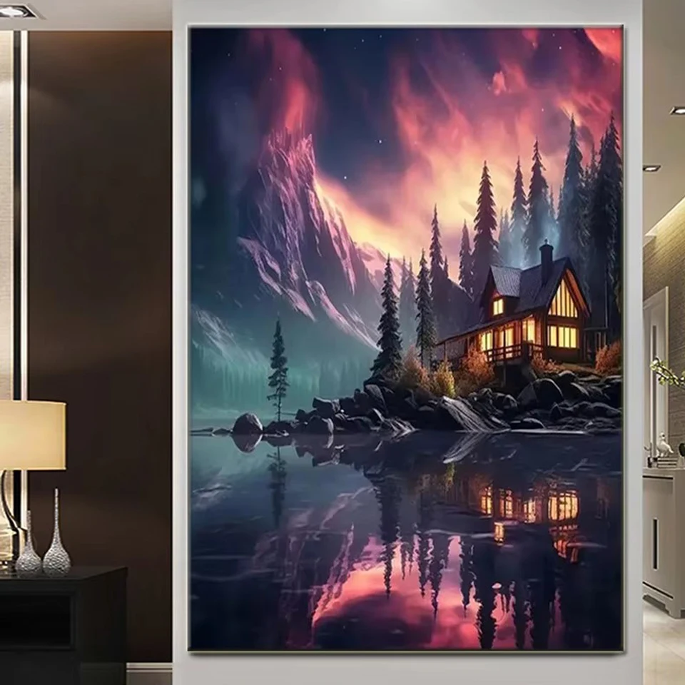 Pintura de diamante de paisaje Aurora, hermosa imagen de fantasía, mosaico completo 5D, bordado de diamantes, venta de decoración del hogar de casa de lago de gran tamaño