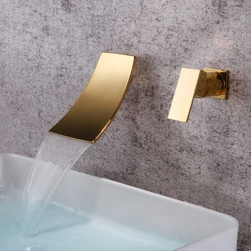 Waterfall Bathroom Faucet Wall Mounted Widespread Cold Hot Mixer Basin Tap Brass Chrome Plated/Brushed Gold/Black/Gold