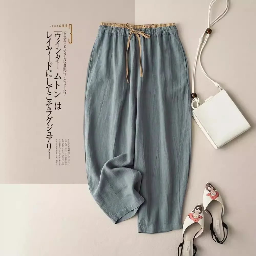 XIZOU Retro Cotton Linen Wide Leg Pants Women Summer Loose Color Versatile Drapey Slimming Nine Points Casual Trousers