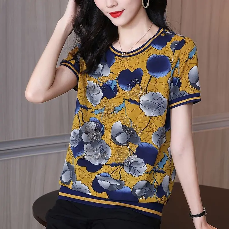 Vintage Floral Printed T-shirt Fashion Round Neck Summer Chic Diamonds Women's Clothing Spliced Casual Screw Thread Pullovers